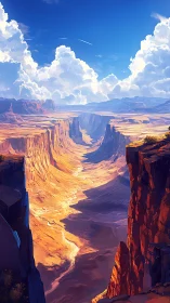 Sunlit canyon river carves molten paths beneath towering clouds