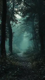 Mystical Forest Path Shrouded in Ethereal Mist.