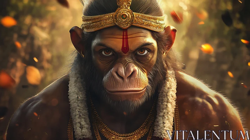 Majestic monkey warrior in golden light of a sacred forest.