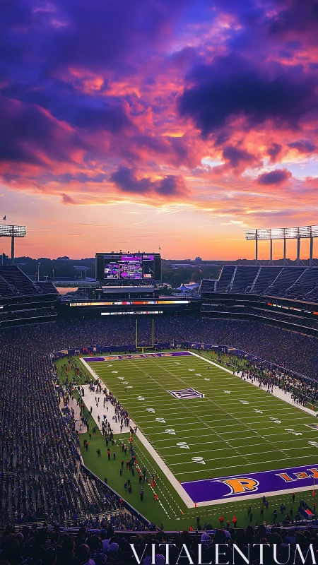 Sunset sky ignites above a packed football stadium crowd.