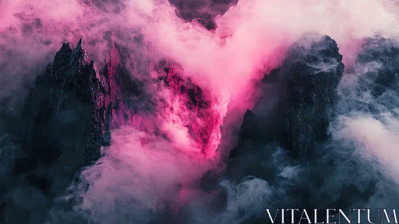 Glowing pink heart-shaped mist rises between dark crags.