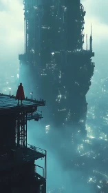 Lone caped figure overlooking fog-drenched cyber megastructure.