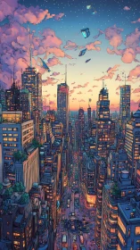 Sunset skyline where cozy city lights meet drifting stars.