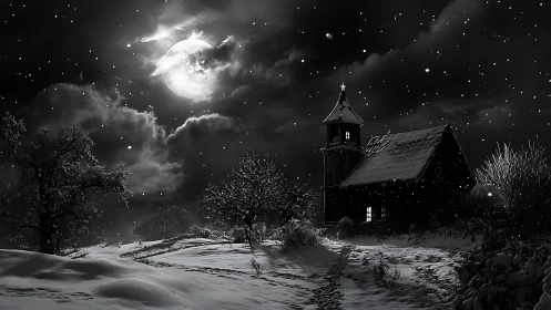 Snow-covered rural chapel stands under bright full moon