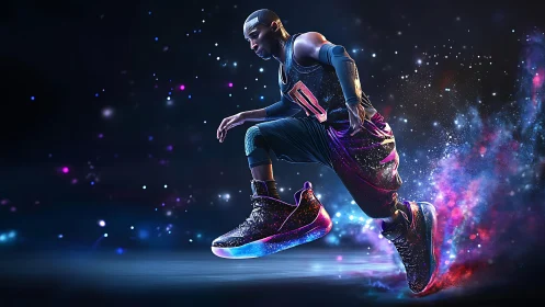 Basketball player in motion with luminous cosmic sneakers.