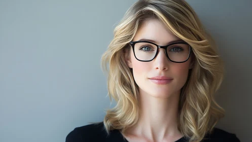 Confident blonde woman with glasses in modern portrait photography.