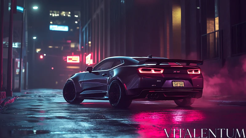 Neon-lit muscle car dominates rain-soaked night street