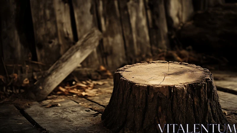 Tree stump on worn wooden floor in dim rustic setting.