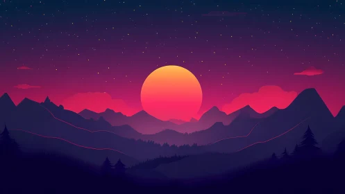 Neon gradient sunset over stylized mountain silhouettes in layers