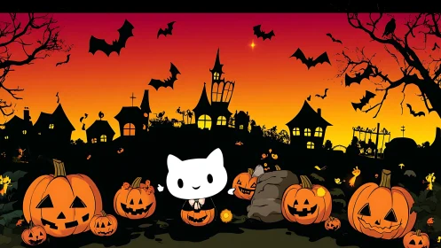 Halloween scene with pumpkins, haunted structures, and cat silhouette.