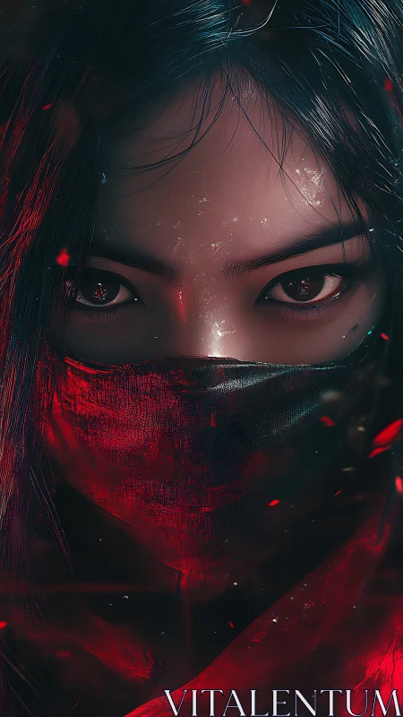 Masked warrior stares through red-lit shadows with resolve