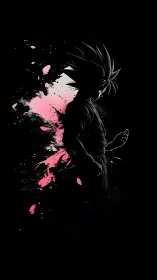 Warrior silhouette explodes through neon ink shadows.