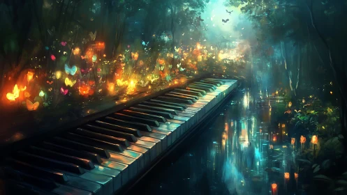 Enchanted forest piano glowing with butterflies and lanterns.