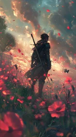 Solitary wanderer pauses in glowing poppy field at dusk