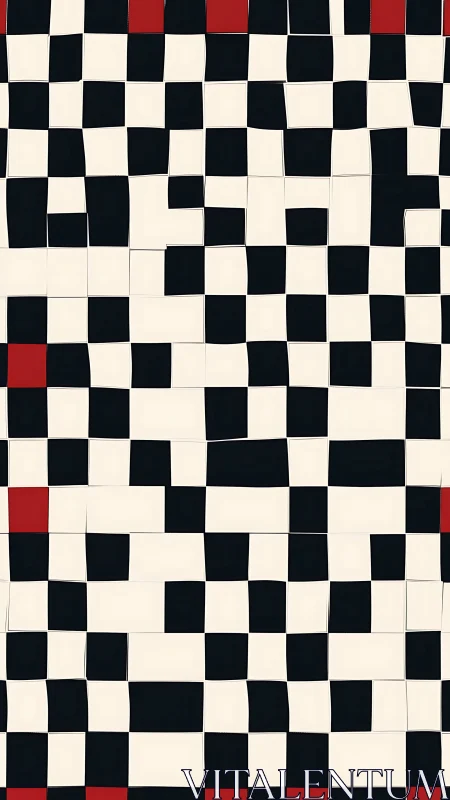 Distorted checkerboard grid with bold red accent blocks