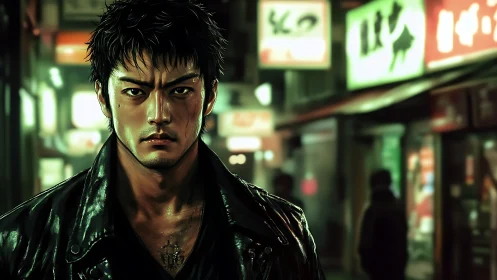 Male figure in leather jacket on neon lit urban street.