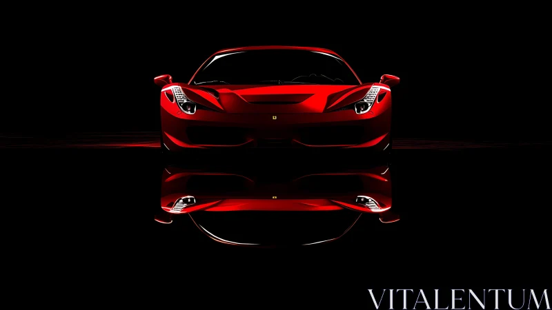 Scarlet supercar emerges from darkness in glossy reflection