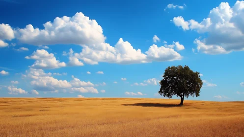 Solitary tree on golden prairie beneath vivid cumulus sky.