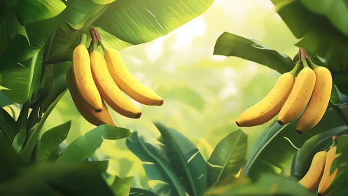 Sunlit banana clusters in lush tropical foliage canopy.