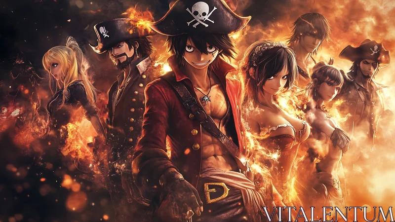 Pirate-themed anime group stands amid stylized fire effects