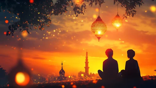 Sunset cityscape with children silhouettes and glowing lanterns