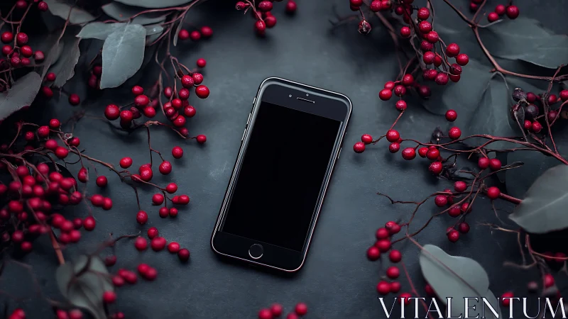 Smartphone centered on dark surface surrounded by crimson rowan berries