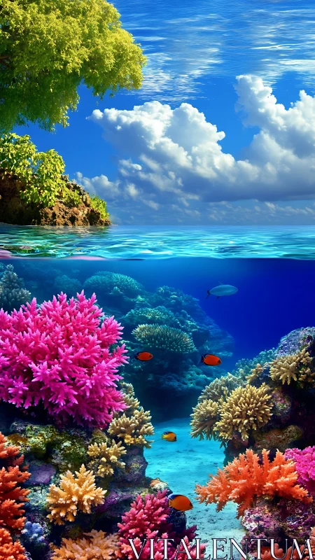 Coral kingdoms shimmer beneath a dream-bright tropical sky.