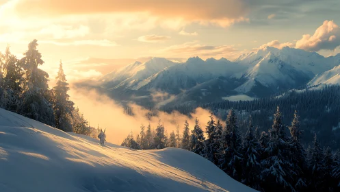 Winter sun drapes a lone wanderer in honeyed alpine silence