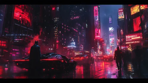 Vigilante hero in neon soaked futuristic city street.