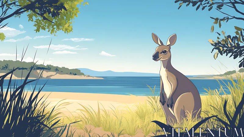 Kangaroo on coastal dune with stylized foliage and bay horizon.