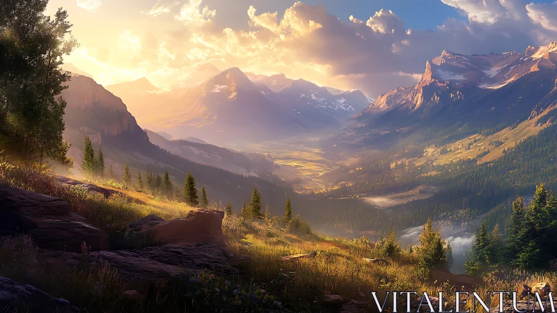 Golden mountain valley glows softly in peaceful evening light