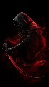 Hooded shadow warrior with red cloak and blooded blade.