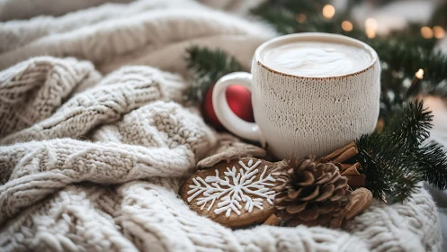 Creamy winter latte glows beside cookies on soft knits