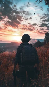Sunset turns the lone soldier into a silhouette of resolve