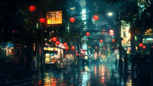 Neon rain drapes a lantern-lit midnight street in bloom.
