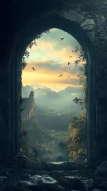Gothic stone portal framing misty valley at sunrise.
