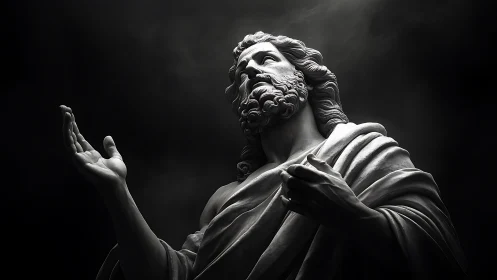 Marble bearded figure with raised hand in dramatic lighting.