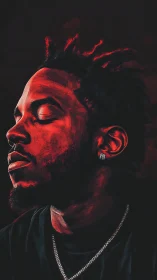 Digital painting portrait with red chiaroscuro side lighting.