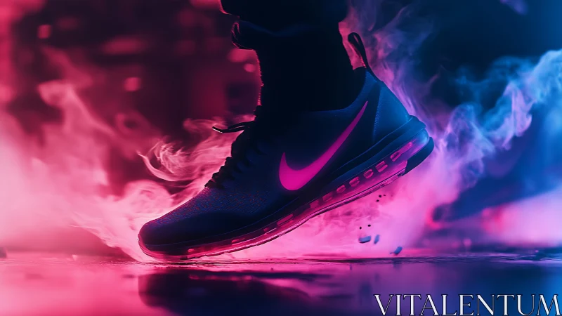 Neon running shoe glows boldly in swirling pink smoke