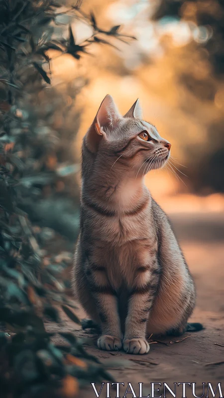 Tabby Cat Gazing Upward Against Golden Light