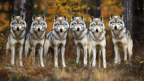 Synchronized gray wolf formation in autumn boreal understory.