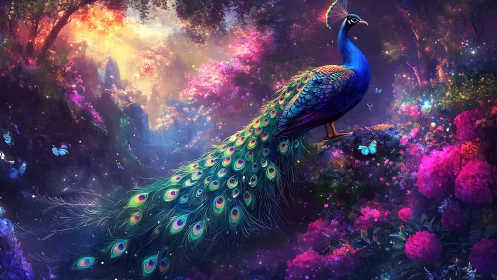 Iridescent peacock poised in luminous enchanted forest scene.