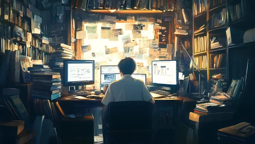 Person at multi-monitor desk in dense paper filled study.