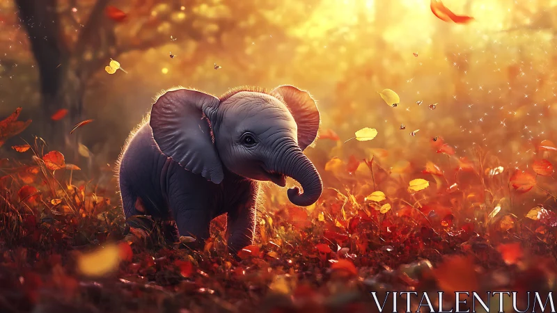 Baby elephant wanders through a spellbound autumn sunrise.