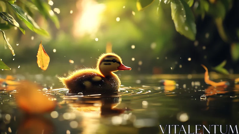 Sunlit duckling drifts through golden leaflit ripples at dusk.