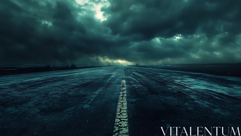 Stormlit horizon highway under brooding teal thunderheads.