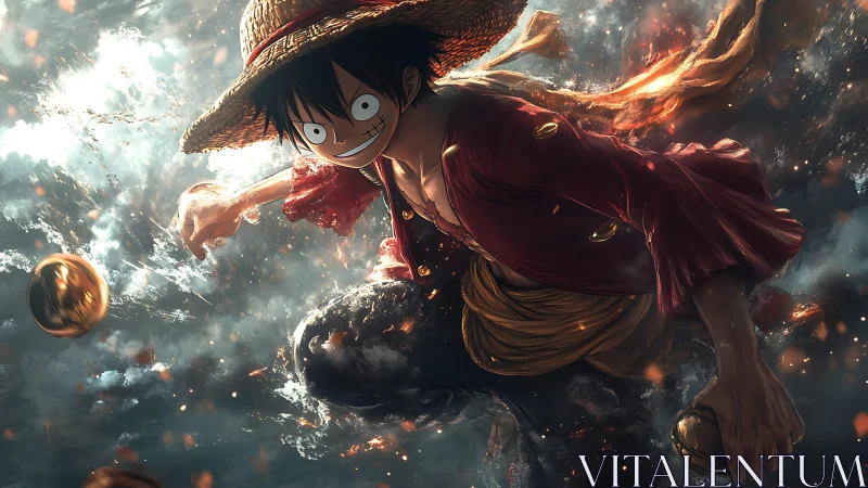 Straw hat pirate lunges through storm with blazing energy.
