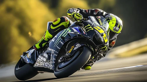 Motorcycle racer leaning into turn on modern sport bike.