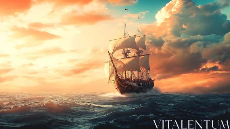 Majestic tall ship cuts across sunset-lit ocean waves.