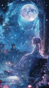 Moonlit dreamer leans above a river of drifting lanterns